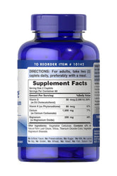 Puritan's Pride Bone Care supplement facts on blue bottle with caplets directions and ingredient details.